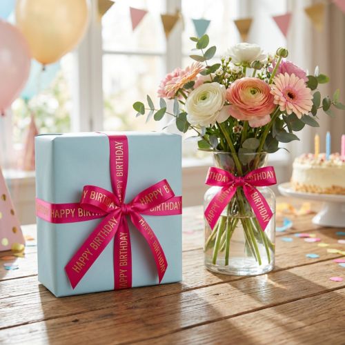 Artikel Cadeaulint met de tekst "Happy Birthday" en feestelijke letters voor het versieren van verjaardagscadeaus, 18 meter