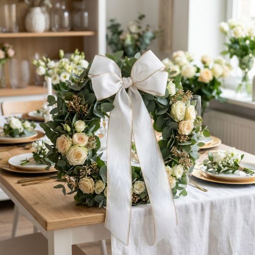 Elegant moiré-kranslint, 200 mm wit met gouden parelrand en speciale afwerking, 25 m - Perfect voor decoraties en feesten | Floristik24.nl
