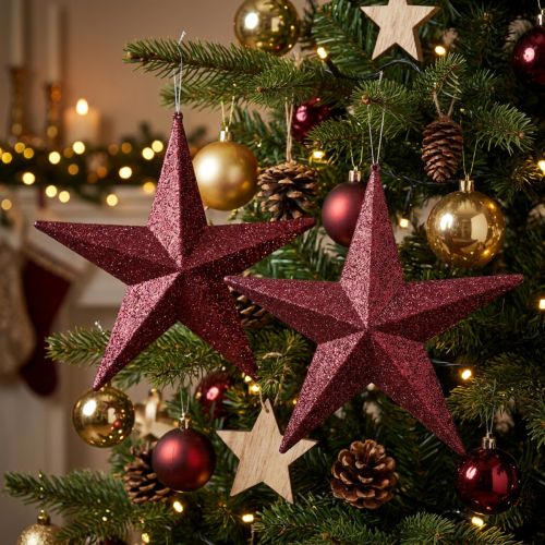 Decoratieve hanger met glitterster, bordeauxrood, 21 cm, 2 stuks | Floristik24.nl