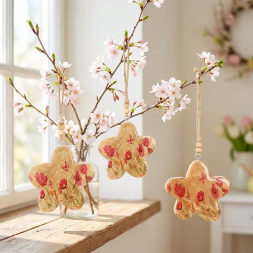 Artikel Houten hanger Lentebloemen in natuurlijk roze H9cm 4 st.