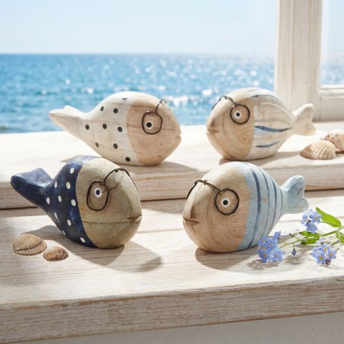 Artikel Decoratieve vissen met glazen naturel wit blauw hout 11–13cm 4 st