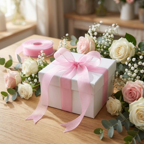 Organza lint cadeaulint roze lint zelfkant 25mm 50m | Floristik24.nl
