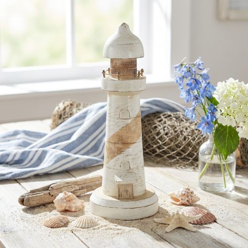 Houten vuurtoren, maritieme decoratie, naturel wit, Ø10,5 cm H28,5 cm | Floristik24.nl