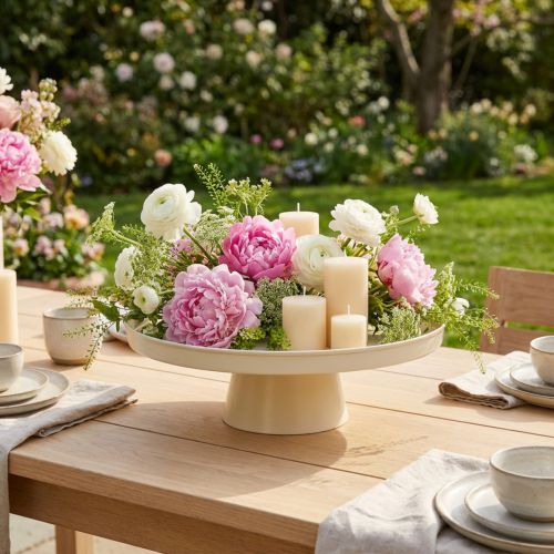 Ronde decoratieve schaal in crèmekleur, 30 cm, op een standaard voor tafeldecoratie. | Floristik24.nl