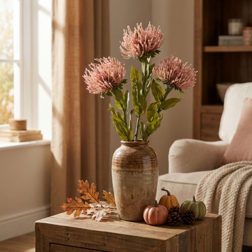 Herfstbloem speldenkussen kunst Protea Rosa Leucospermum 73cm 3st | Floristik24.nl