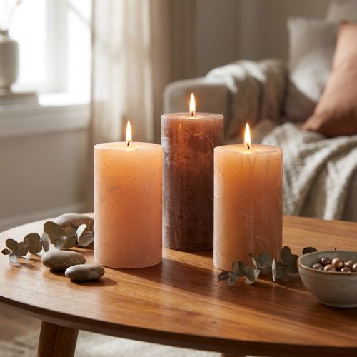 Decoratieve pilaarkaarsenset van 12 in bruin, zand & abrikoos, 60x100mm, effen kleur, gemarmerd, lange brandduur | Floristik24.nl