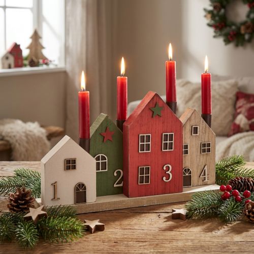 Artikel Kaarsenhouder Adventskrans stokkaarsen huisjes 35cm H20cm