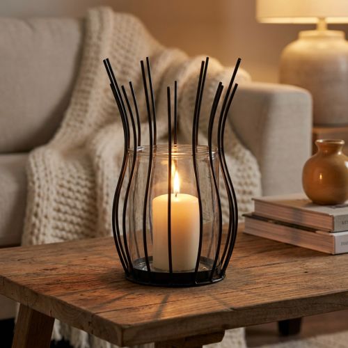 Lantaarn glas metaal decoratieve zwarte beker Ø17cm H27cm | Floristik24.nl