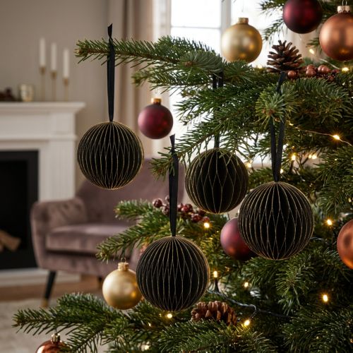 Honingraatballen Kersthoningraatballen zwart goud Ø7cm 4st | Floristik24.nl
