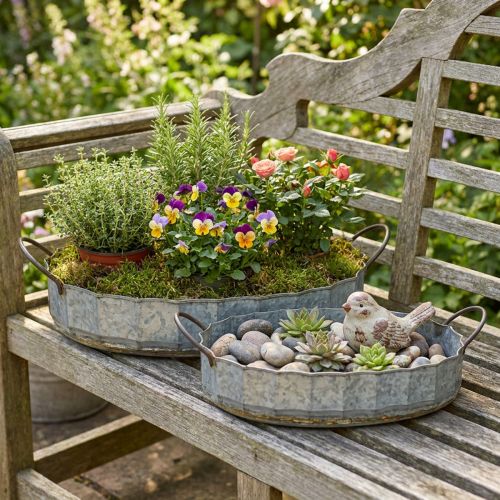 Bloemenschaal metaal zinken dienblad antiek set van 2 L45cm/59cm | Floristik24.nl