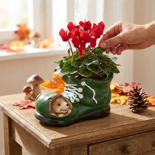 Plantenbak decoratie, groene schoen met egel, keramiek 14x13cm H13cm | Floristik24.nl
