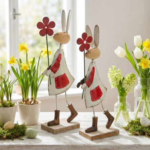 Paasdecoratie, konijn van metaal, lentedecoratie, paashaas met bloem rood, beige H21cm 2st | Floristik24.nl