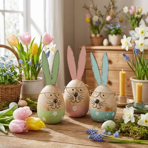 Paashaas met bril decoratief figuur houten ei Ø5cm H13.5cm 3st | Floristik24.nl