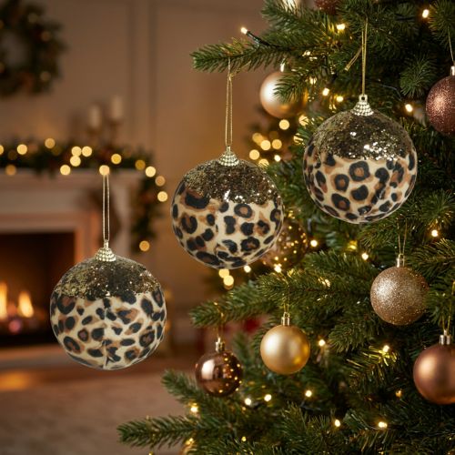 Artikel Kerstbal met luipaardprint en gouden glitter, 7 cm, 3 stuks
