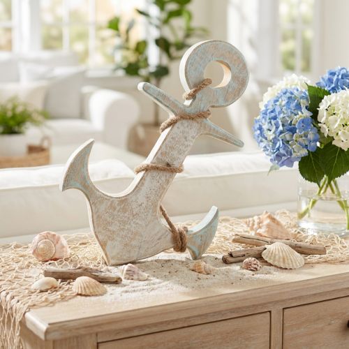 Anker Deco Hout Maritiem Deco Wit Blauw 24,5cmx14,5cm | Floristik24.nl