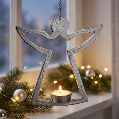 Theelichthouder met engel, kaarsdecoratie om op te hangen, metaal zilver H20cm | Floristik24.nl