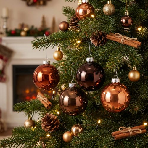 Artikel Kerstballen glas bruin mix boomballen glanzend Ø7,5cm 12st