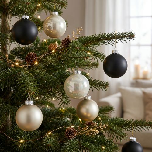 Kerstbal, Kerstboomversiering, Kerstbal zwart/zilver/parelmoer H8.5cm Ø7.5cm echt glas 12 stuks | Floristik24.nl