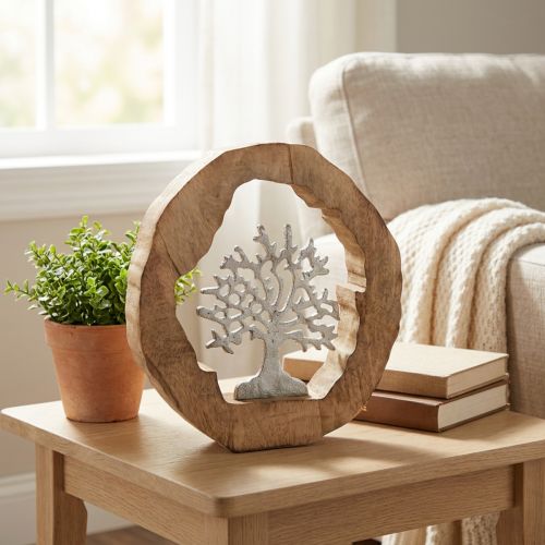 Artikel Deco sculptuur boom in een houten ring tafeldecoratie om te plaatsen 22×21×4cm