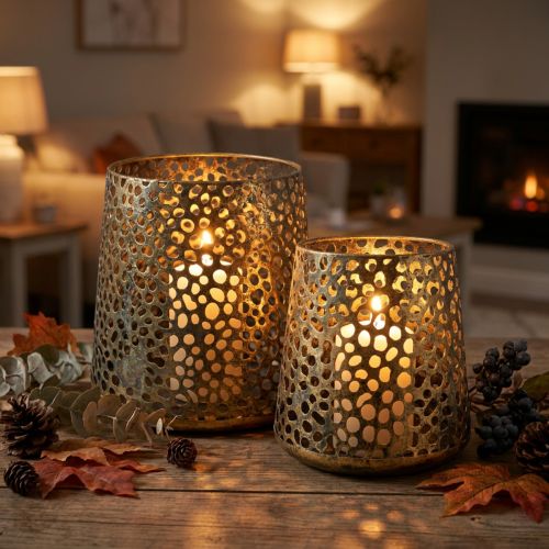 Windlicht lantaarn goud Ø14/20,5cm H14,5/19,5cm set van 2 | Floristik24.nl
