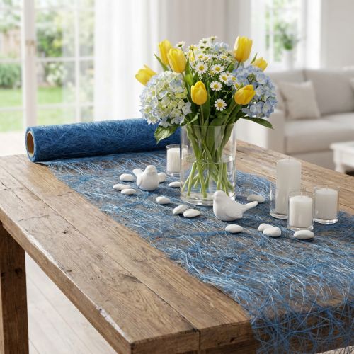 Deco fleece Sizoweb tafelloper blauw 30cm 5m | Floristik24.nl