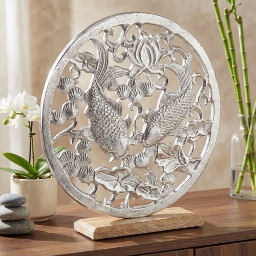 Decoratieve ring metaal houten voet zilver lotus koi decoratie Ø32cm | Floristik24.nl