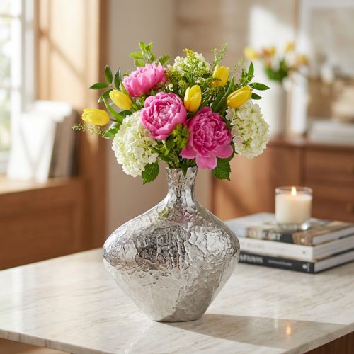 Decoratieve vaas metaal gehamerd bloemenvaas zilver 24x8x27cm | Floristik24.nl