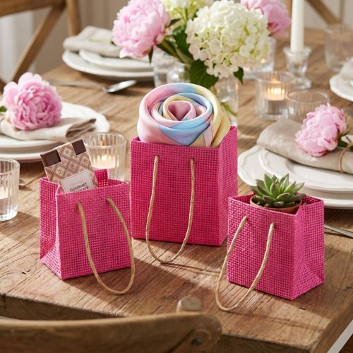 Artikel Cadeauzakjes met hengsels papier roze geel groen textiellook 10,5cm 12st