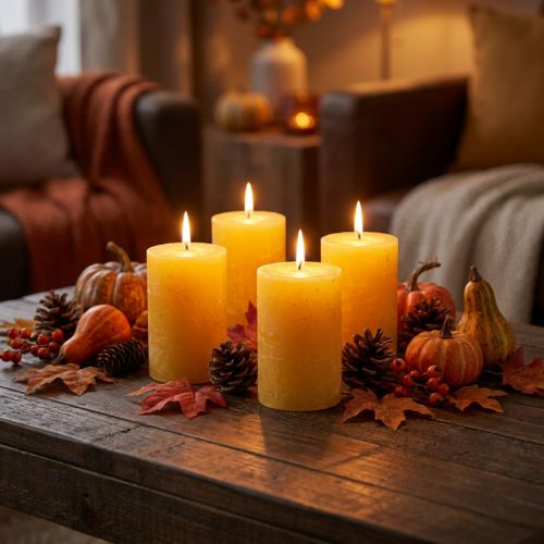 Gele Rustieke Pilaarkaarsen 80x110mm 4-pack Veilige Kaars - Brandduur 57 uur, RAL-kwaliteit | Floristik24.nl