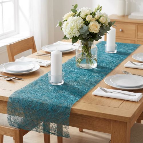 Deco fleece Sizoweb tafelloper petrol blauw 30cm 5m | Floristik24.nl