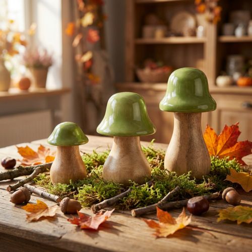 Decoratieve paddestoelen hout houten paddestoelen lichtgroen glanzend H6/8/10cm set van 3 | Floristik24.nl