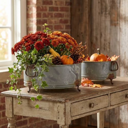 Decoratieve kom met voet metalen handvat roest 42/46,5cm set van 2 | Floristik24.nl