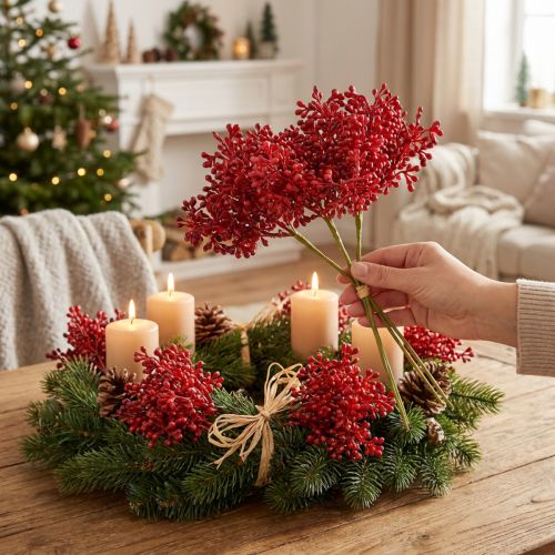 Artikel Kunstbessen rode decoratie voor adventskrans 32cm 3 stuks in een bos