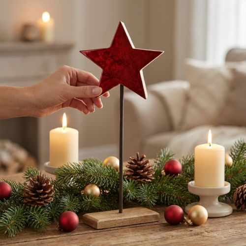 Sterdecoratie naturel rood met staaf op voet 20x9,5x50cm | Floristik24.nl