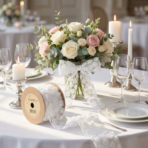 Decoratief lint bruiloft witte rozen cadeaulint 60mm 5m | Floristik24.nl