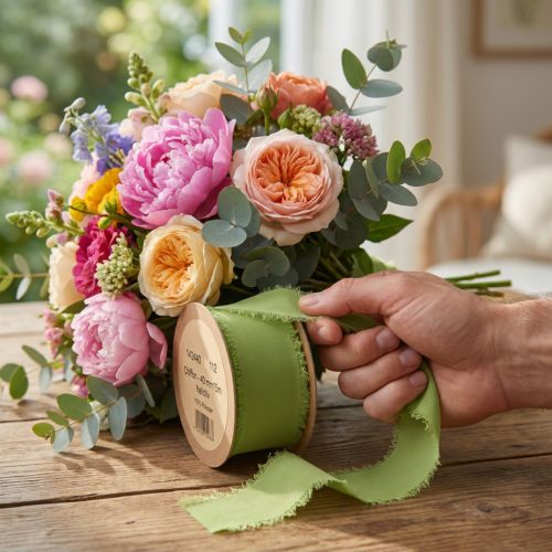 Chiffon lint groen stoffen lint met franjes licht olijfgroen 40mm 15m | Floristik24.nl