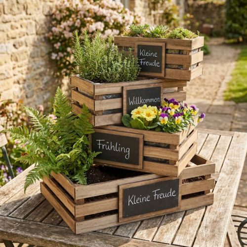 Artikel Houten kist met kartonnen plantenbak 40/35/30/25cm set van 4