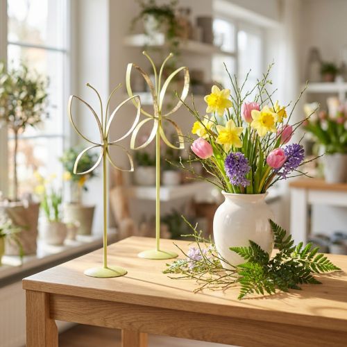 Vlinder Metalen Decoratiestandaard Groen Goud H29cm 2 st | Floristik24.nl