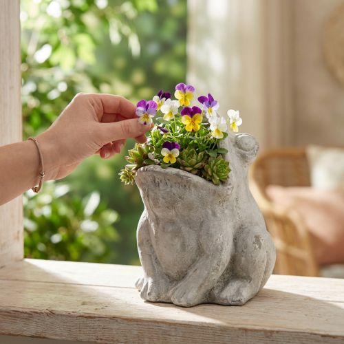 Artikel Kikker decoratieve plantenbak bloempot betongrijs H18,5cm