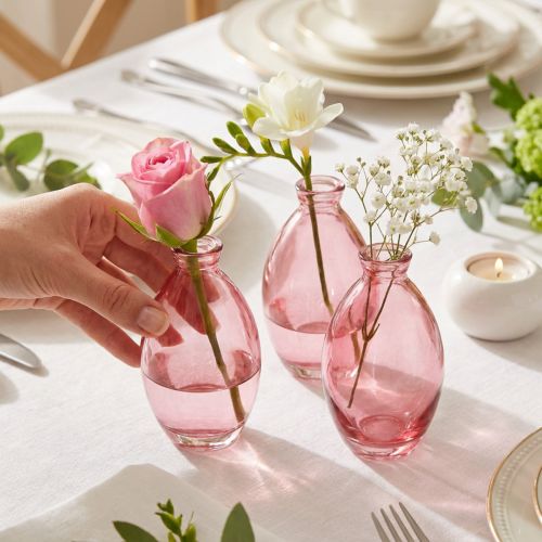 Artikel Bolvormige vaas, minivaasjes, getint roze glas, Ø7cm, H12cm, 6 stuks