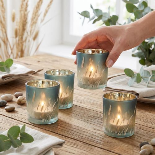 Artikel Decoratieve glazen lantaarn met grasmotief voor een sfeervolle kamerdecoratie, blauw, 8 cm, 4 stuks.