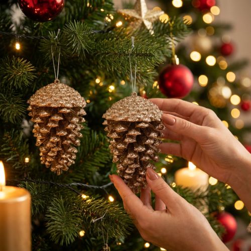 Gouden glitter dennenappels, 13 cm, 4 stuks, kerstboomversiering | Floristik24.nl