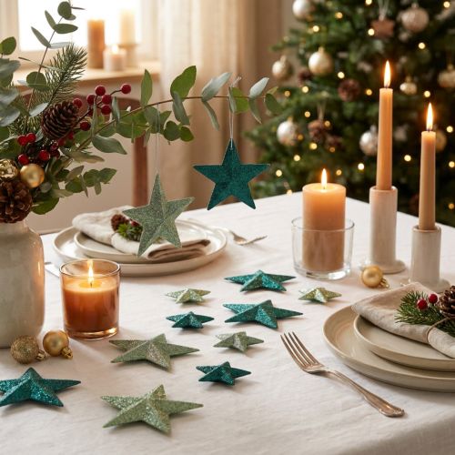 Artikel Glittersterrenset decoratieve hangers en strooidecoratie smaragd, lichtgroen 9cm/5cm 18 stuks