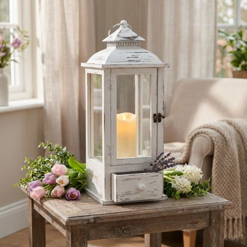 Decoratieve lantaarn vintage met lade wit 20×20cm H51cm | Floristik24.nl