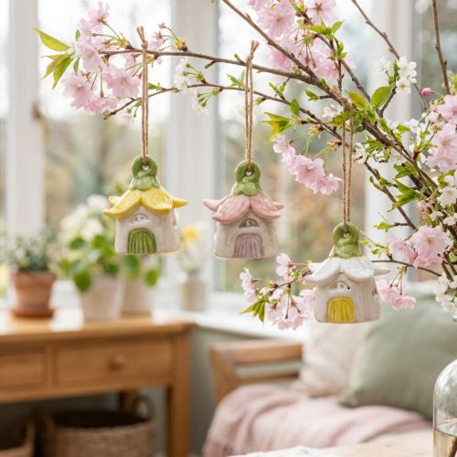 Artikel Hangende decoratie: keramische bloemvormige sprookjeshuisjes, 6 cm groot, 6 stuks.