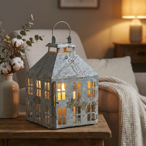 Vintage decoratieve lantaarn metalen lichthuis wit roest H35cm | Floristik24.nl