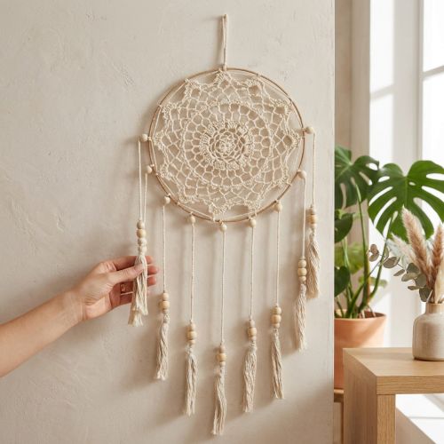 Macramé dromenvanger wanddecoratie Boho Chic handgemaakt crème Ø22cm H54cm | Floristik24.nl