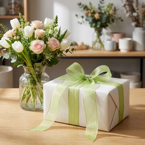 Organza lint groen cadeaulint zelfkant limoengroen 25mm 50m | Floristik24.nl