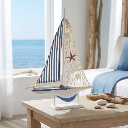 Artikel Decoratieve zeilboot houten schelpen wit blauw L26.5cm H37cm