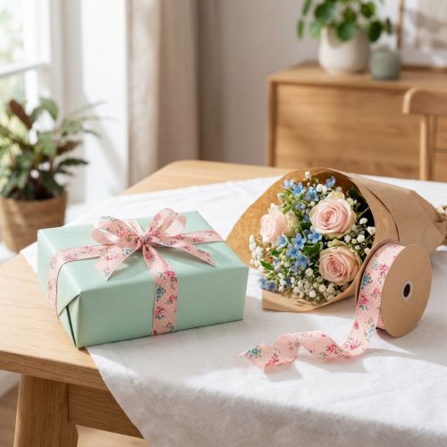 Artikel Cadeaulint met bloemenpatroon voor speelse cadeaus en knutselwerkjes, 2,5 cm breed, 15 m lang